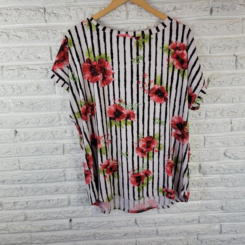 Bae City 3X Plus Red Stripe Floral T-Shirt Zip Shoulder V-Neck Jersey FLO296E - Picture 6 of 9